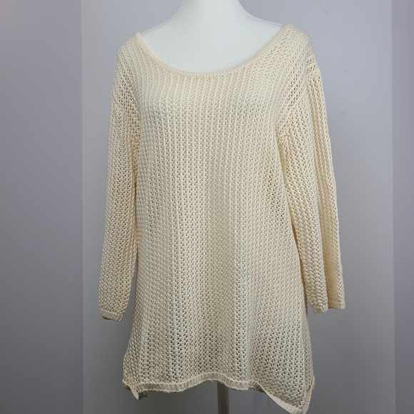 Old Navy vintage open back knit 3/4 sleeve beige coastal grandma sweater, sz XL - Picture 3 of 9